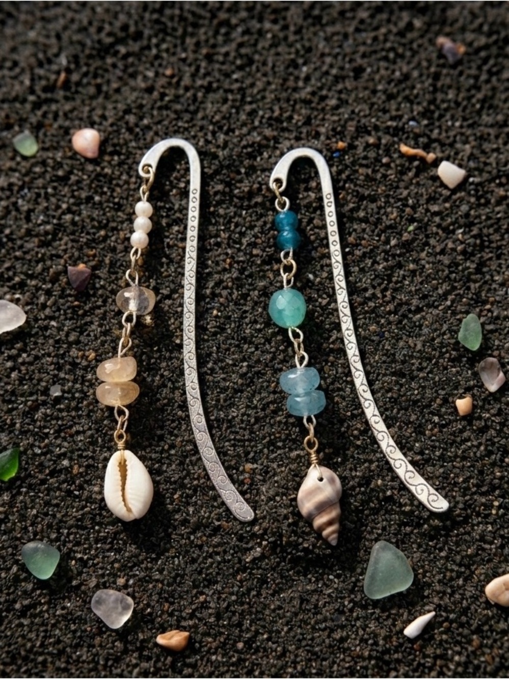 Set of Two Beaded Aqua & Ivory Silver Tone Bookmarks